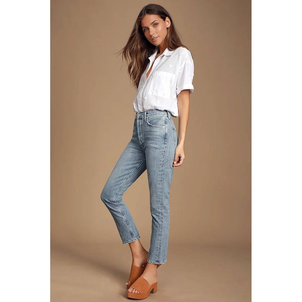 AGOLDE NWT Riley High Rise Straight Crop Jeans Shiver Wash Blue- Size 23 - Picture 1 of 8